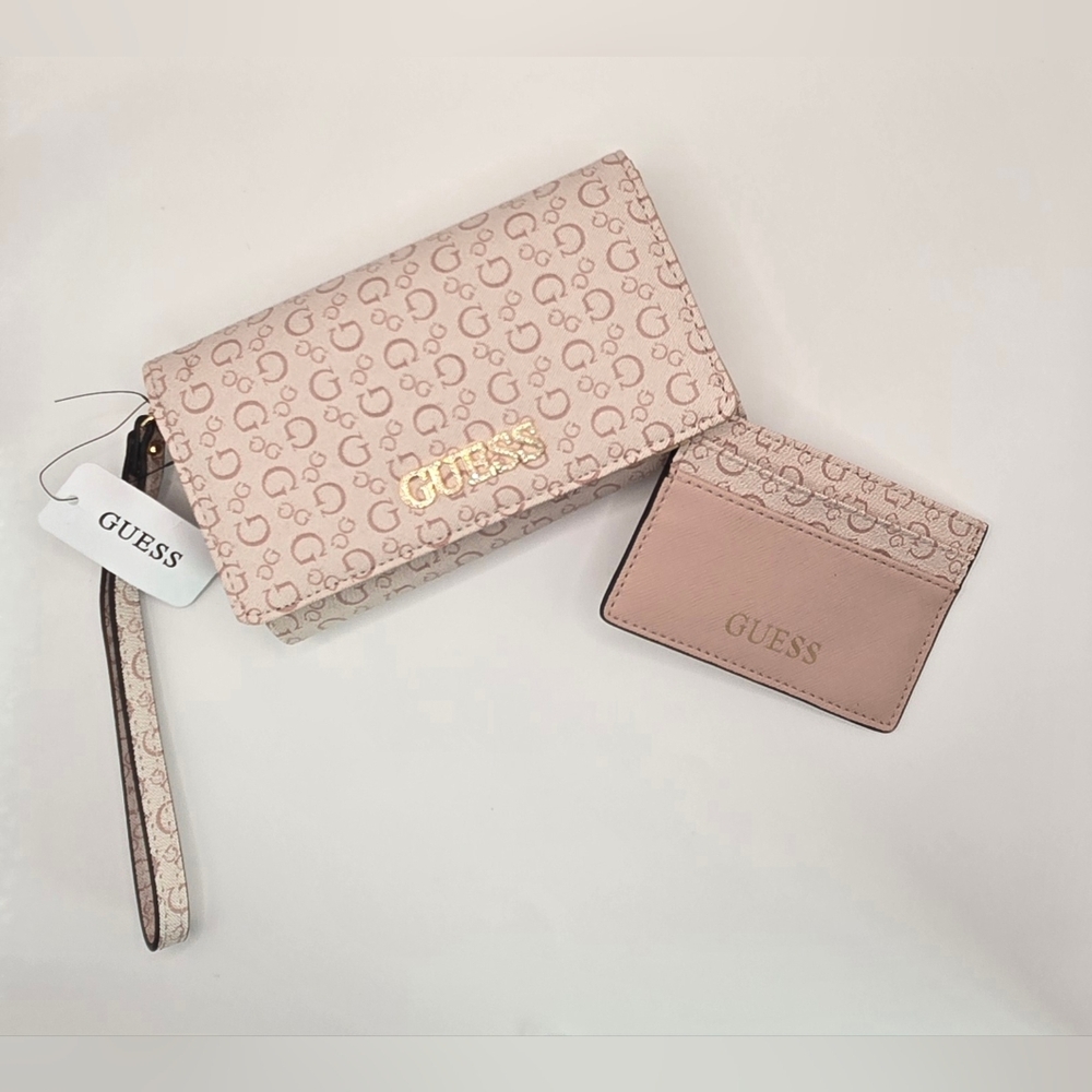 GUESS Light Pink Logo Wristlet and Card Holder